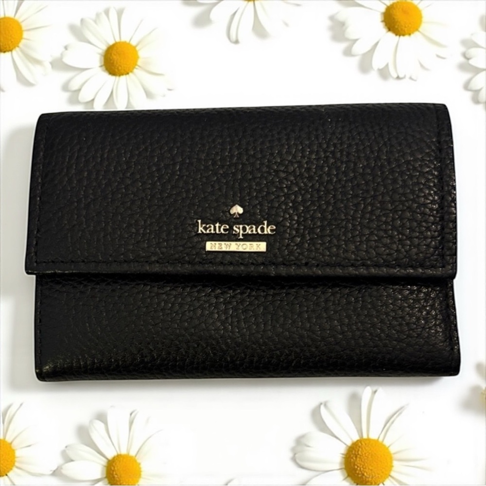 KATE SPADE Pebbled Leather Wallet Small Trifold Logo Designer BLACK EUC